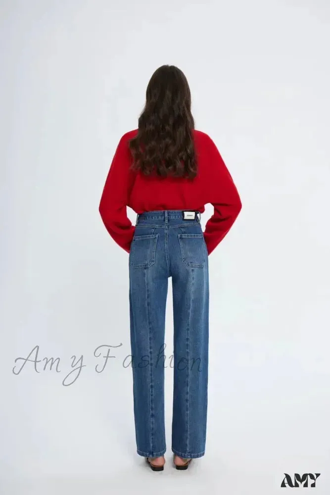 Amy Fashion - Pockets Women Temperament High Waist Straight Denim Pant Females Vintage Simple Streetwear Washed Chic 2024 New Jean