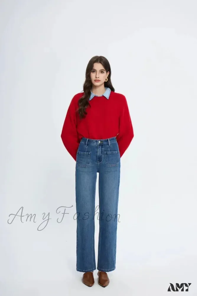 Amy Fashion - Pockets Women Temperament High Waist Straight Denim Pant Females Vintage Simple Streetwear Washed Chic 2024 New Jean