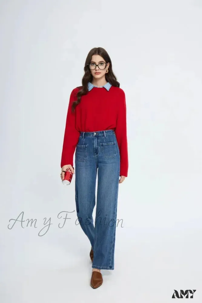 Amy Fashion - Pockets Women Temperament High Waist Straight Denim Pant Females Vintage Simple Streetwear Washed Chic 2024 New Jean