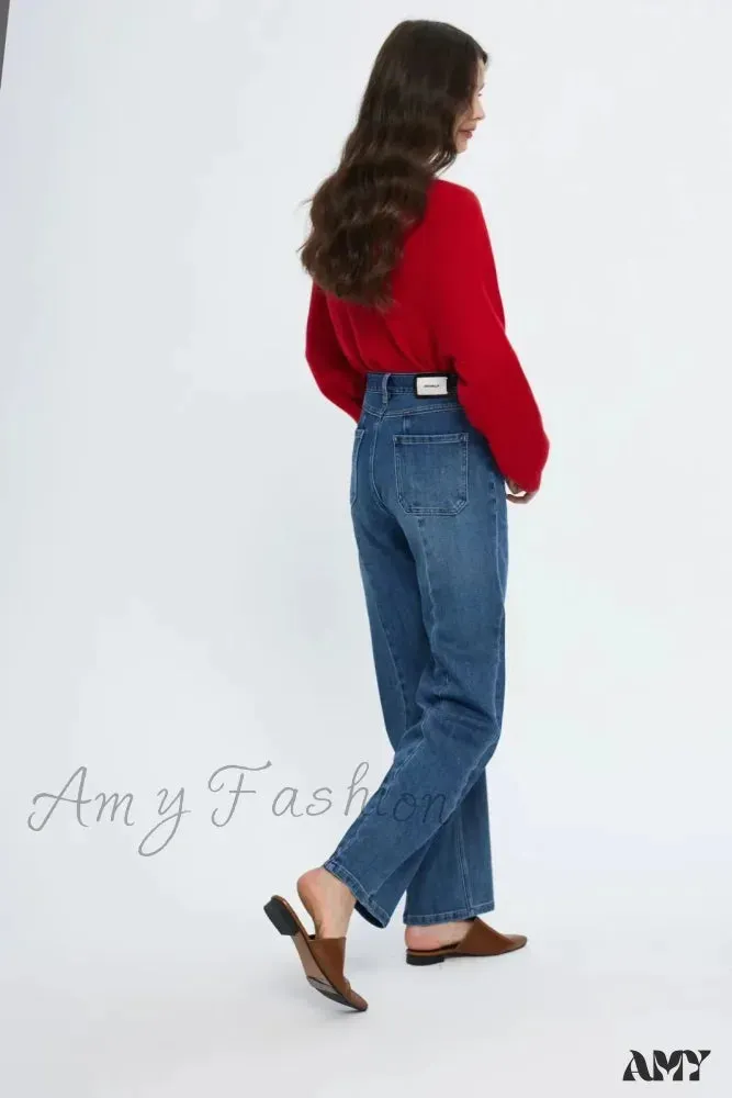 Amy Fashion - Pockets Women Temperament High Waist Straight Denim Pant Females Vintage Simple Streetwear Washed Chic 2024 New Jean