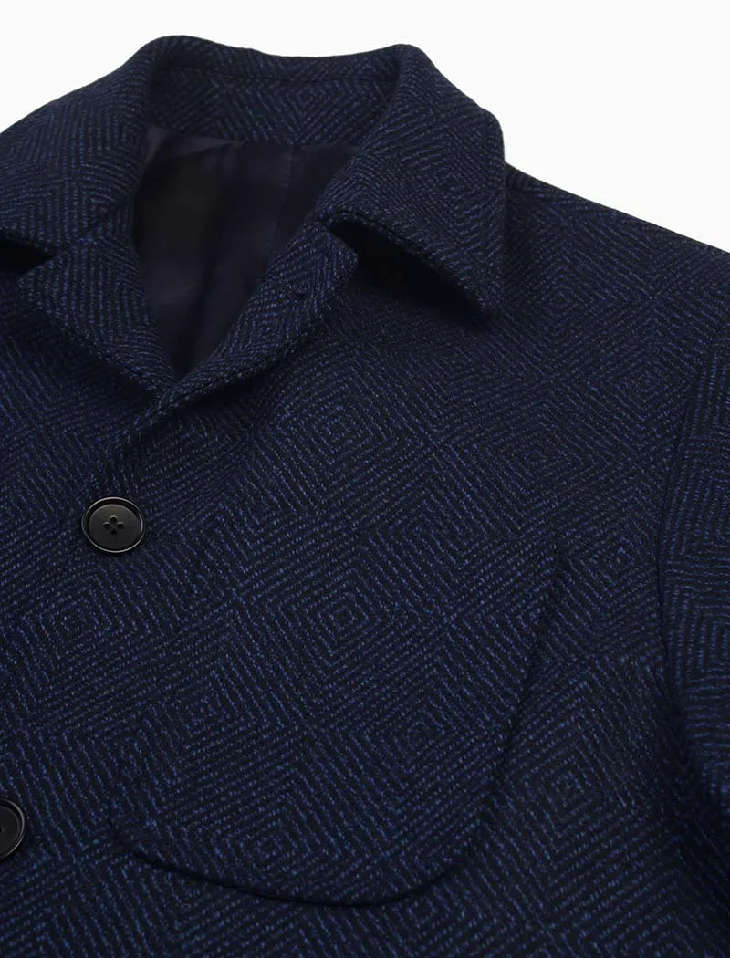 Blue & Black Zigzag Wool Overcoat