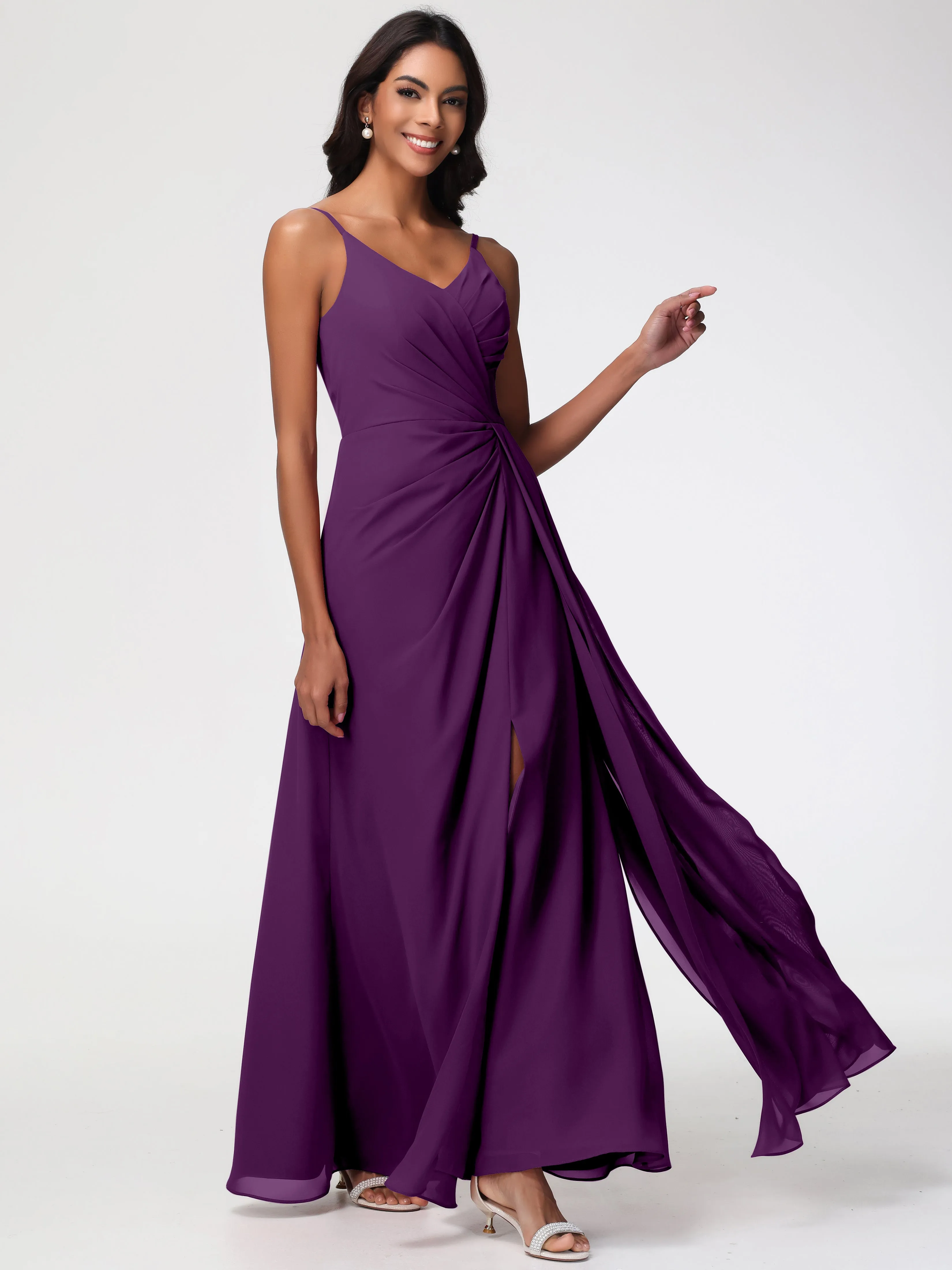 Bridesmaid Dresses In Grape A-Line V-Neck Spaghetti Straps Ruched Chiffon Bridesmaid Dresses With Slit