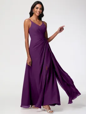 Bridesmaid Dresses In Grape A-Line V-Neck Spaghetti Straps Ruched Chiffon Bridesmaid Dresses With Slit