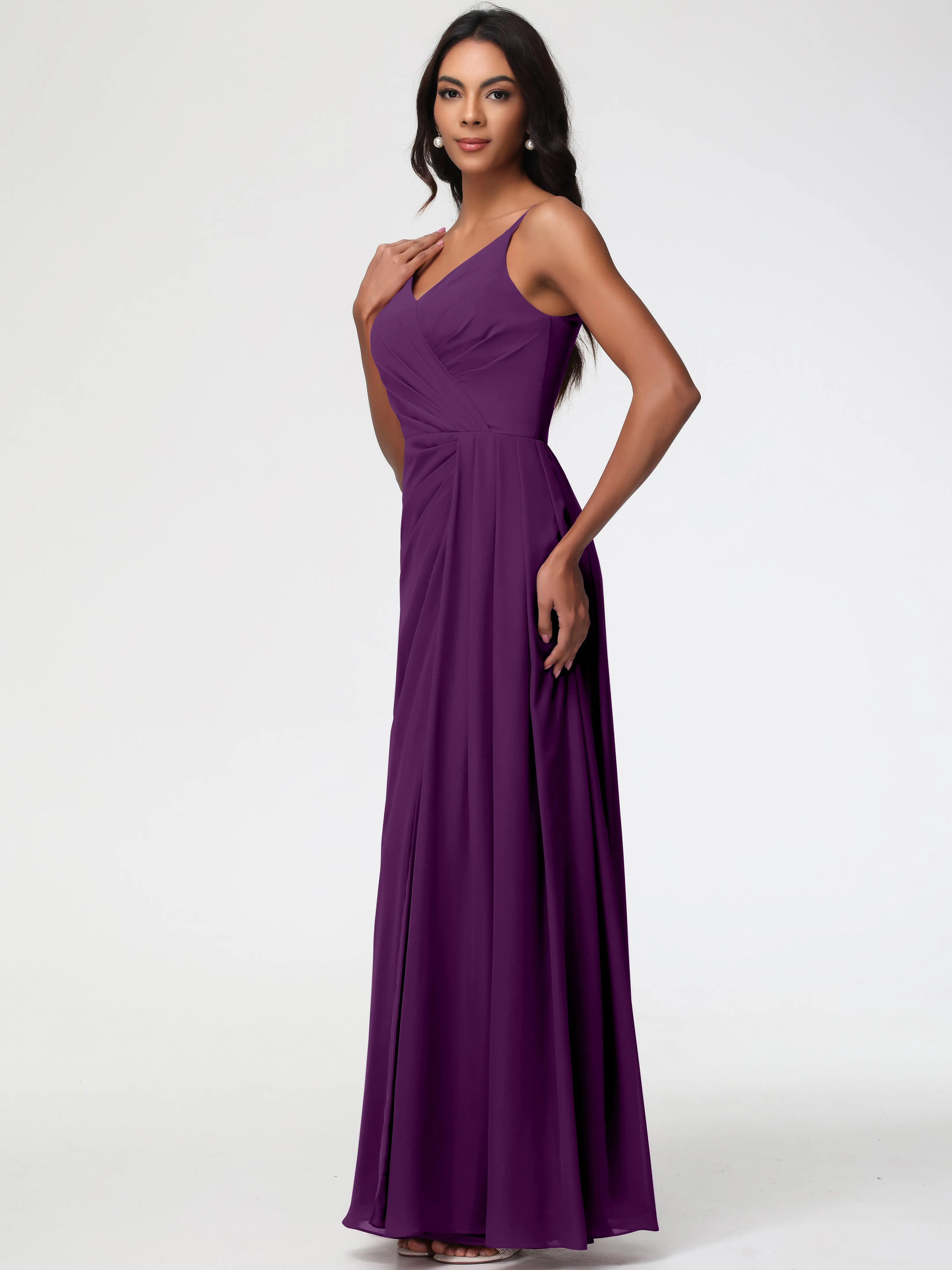 Bridesmaid Dresses In Grape A-Line V-Neck Spaghetti Straps Ruched Chiffon Bridesmaid Dresses With Slit