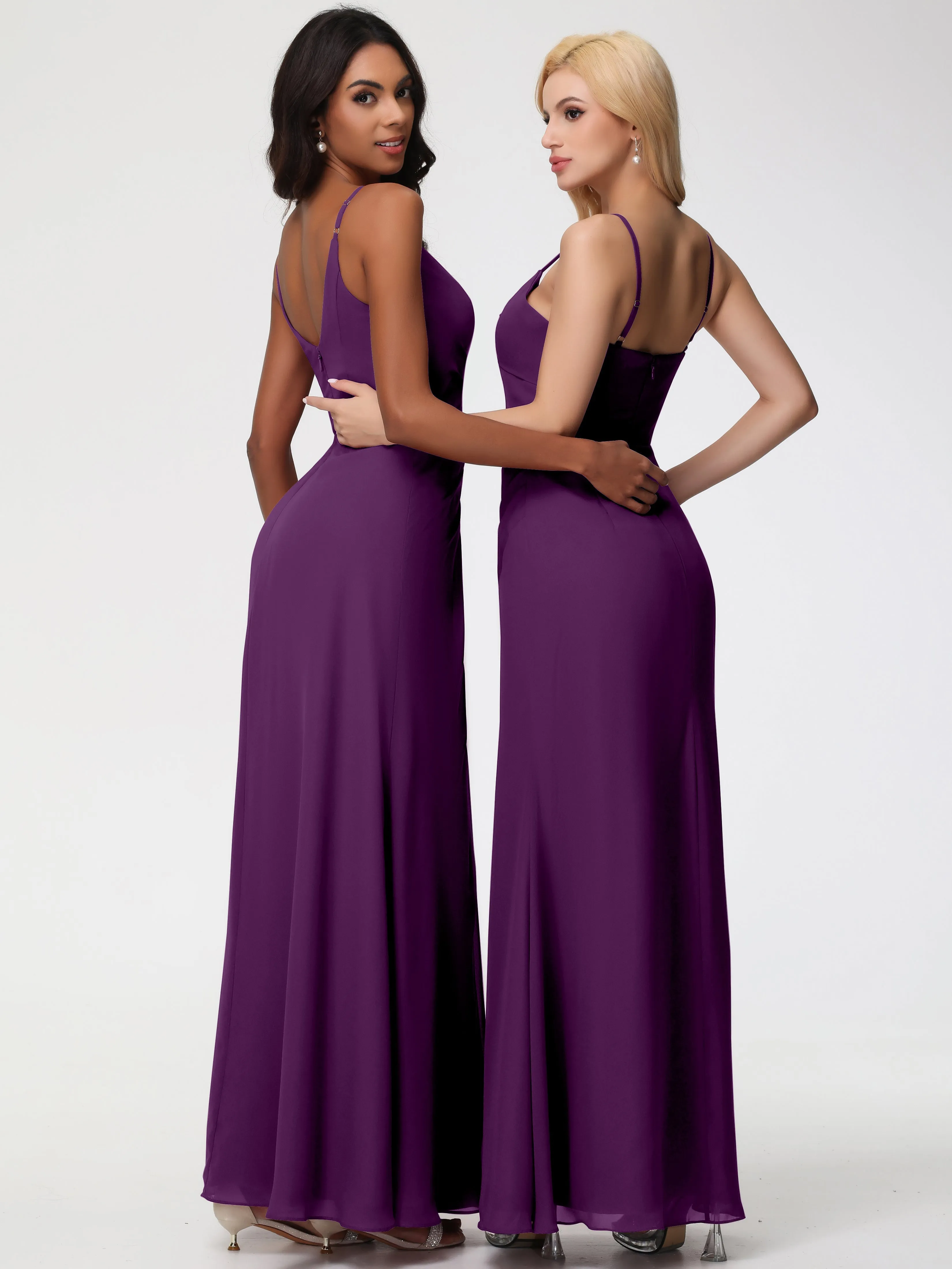 Bridesmaid Dresses In Grape A-Line V-Neck Spaghetti Straps Ruched Chiffon Bridesmaid Dresses With Slit
