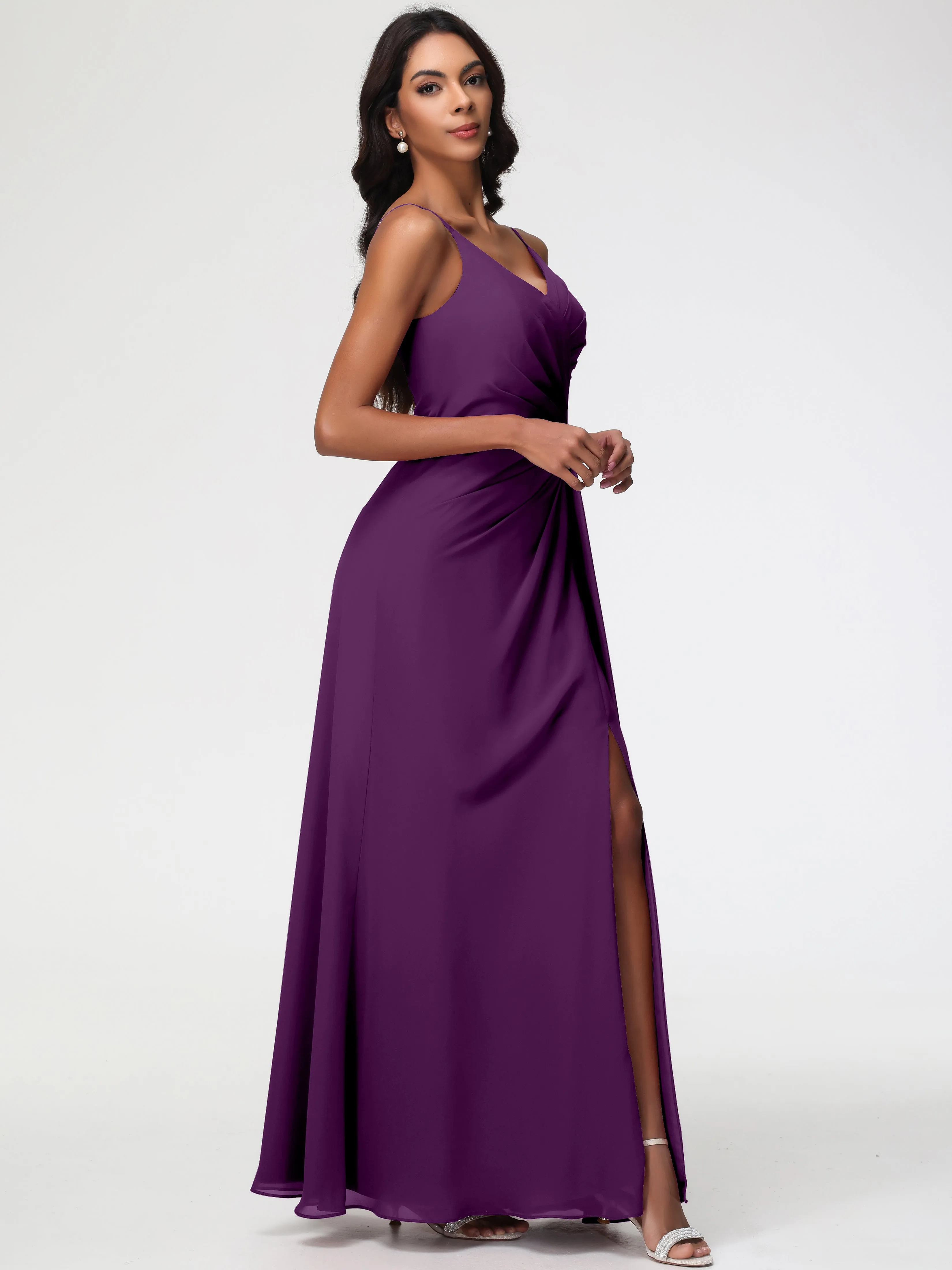 Bridesmaid Dresses In Grape A-Line V-Neck Spaghetti Straps Ruched Chiffon Bridesmaid Dresses With Slit