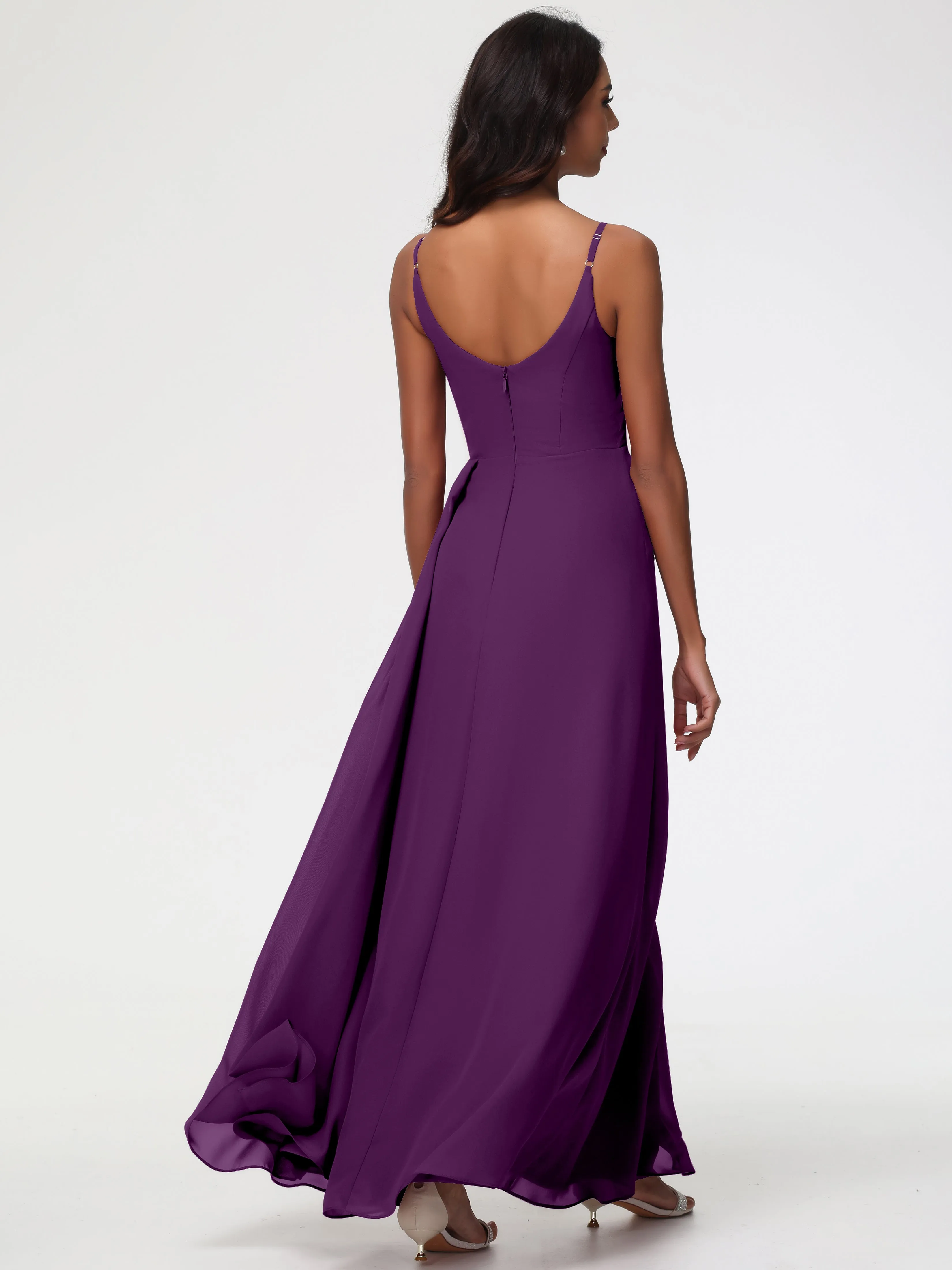 Bridesmaid Dresses In Grape A-Line V-Neck Spaghetti Straps Ruched Chiffon Bridesmaid Dresses With Slit