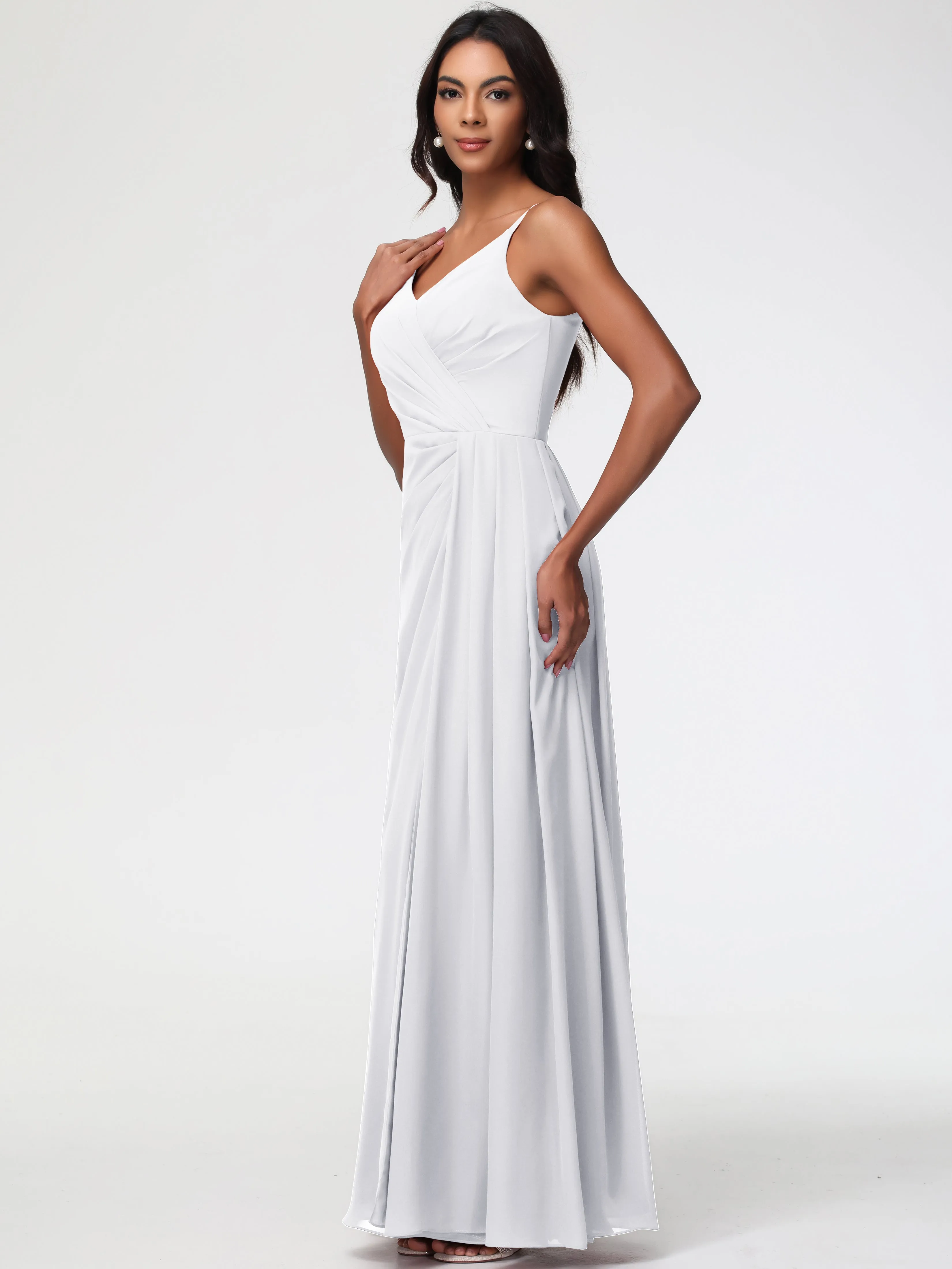 Bridesmaid White Dresses A-Line V-Neck Spaghetti Straps Ruched Chiffon Bridesmaid Dresses With Slit