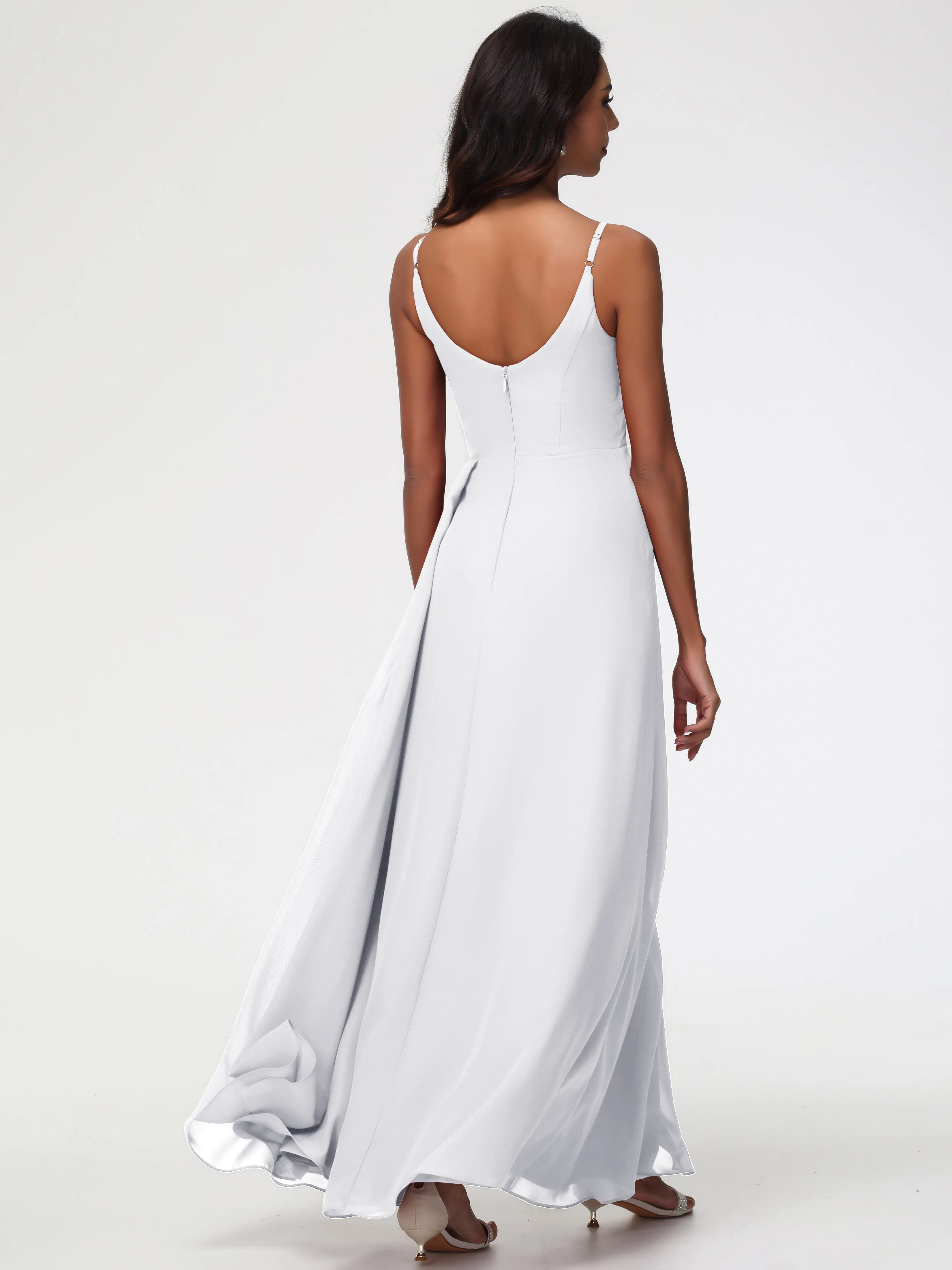 Bridesmaid White Dresses A-Line V-Neck Spaghetti Straps Ruched Chiffon Bridesmaid Dresses With Slit