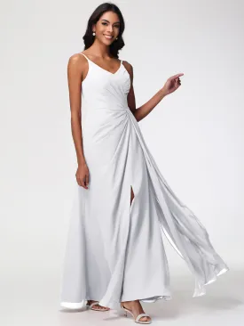 Bridesmaid White Dresses A-Line V-Neck Spaghetti Straps Ruched Chiffon Bridesmaid Dresses With Slit