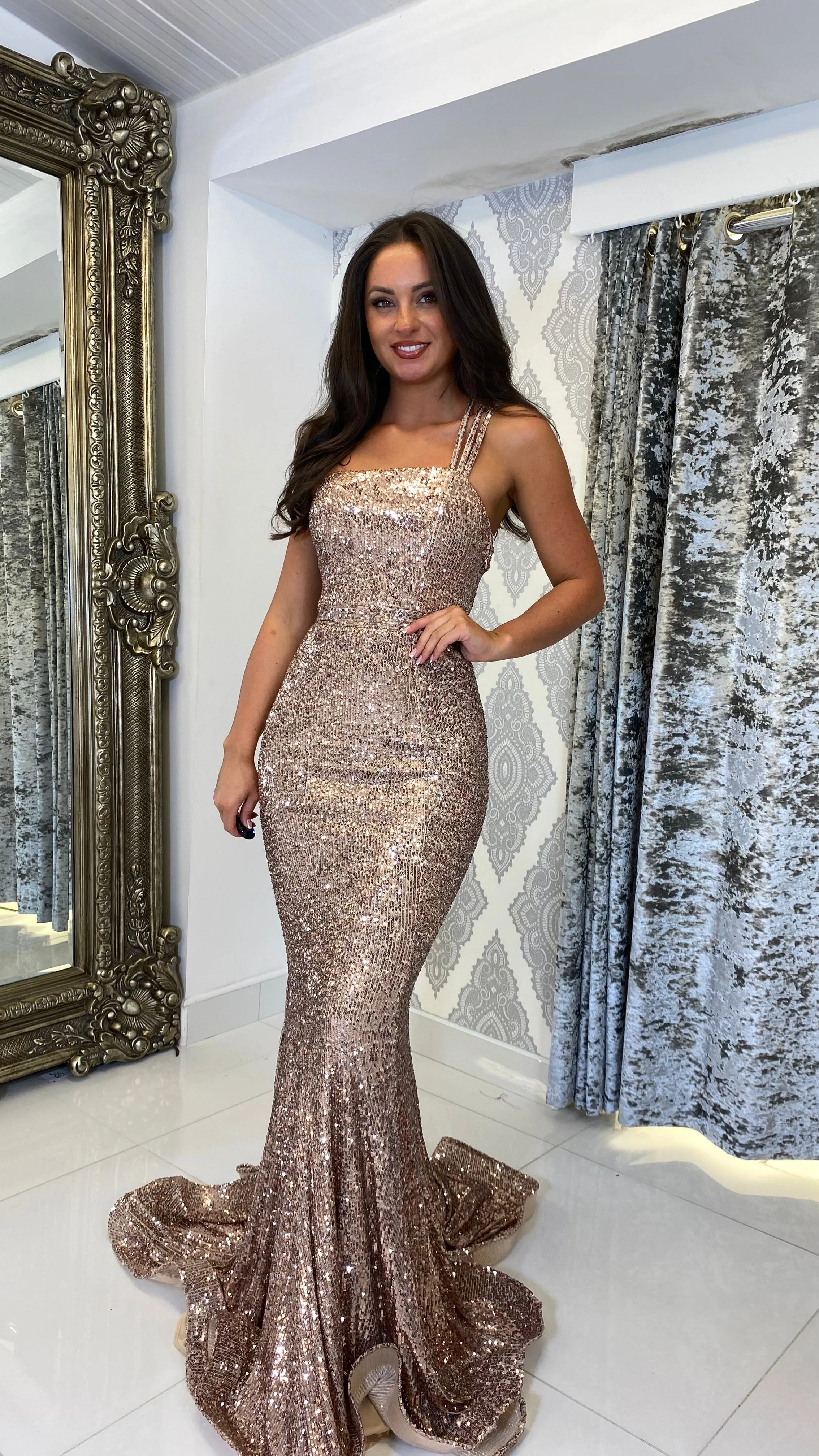 Bronze Sequin One Shoulder Prom Dress