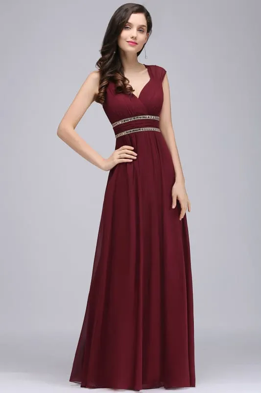 Charming V-Neck Aline Evening Dress with Chains Sleeveless Empire Chiffon Bridesmaid Dress