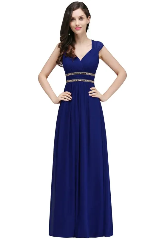 Charming V-Neck Aline Evening Dress with Chains Sleeveless Empire Chiffon Bridesmaid Dress