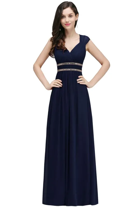 Charming V-Neck Aline Evening Dress with Chains Sleeveless Empire Chiffon Bridesmaid Dress