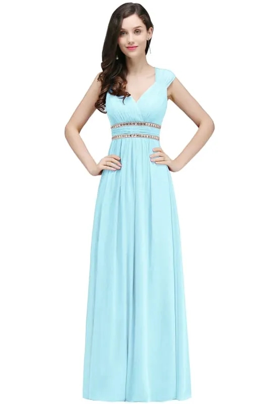 Charming V-Neck Aline Evening Dress with Chains Sleeveless Empire Chiffon Bridesmaid Dress