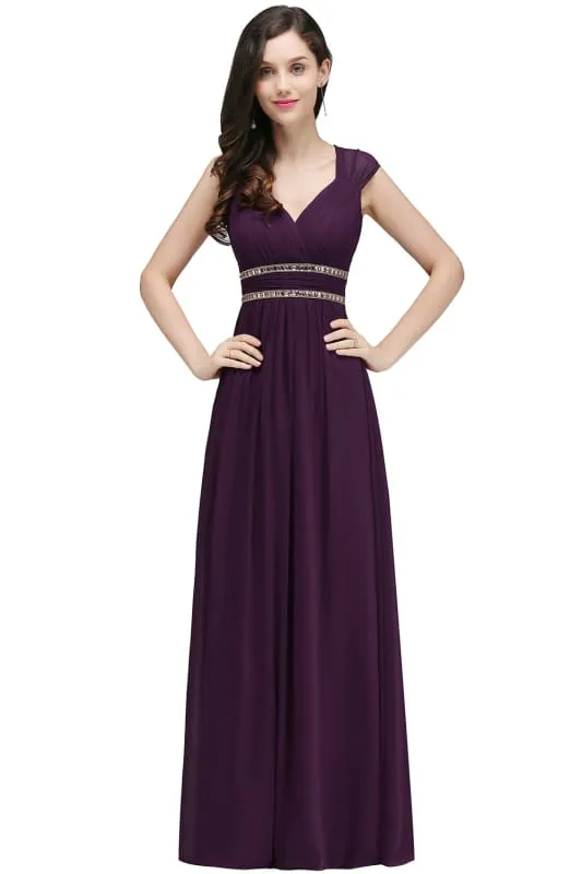 Charming V-Neck Aline Evening Dress with Chains Sleeveless Empire Chiffon Bridesmaid Dress