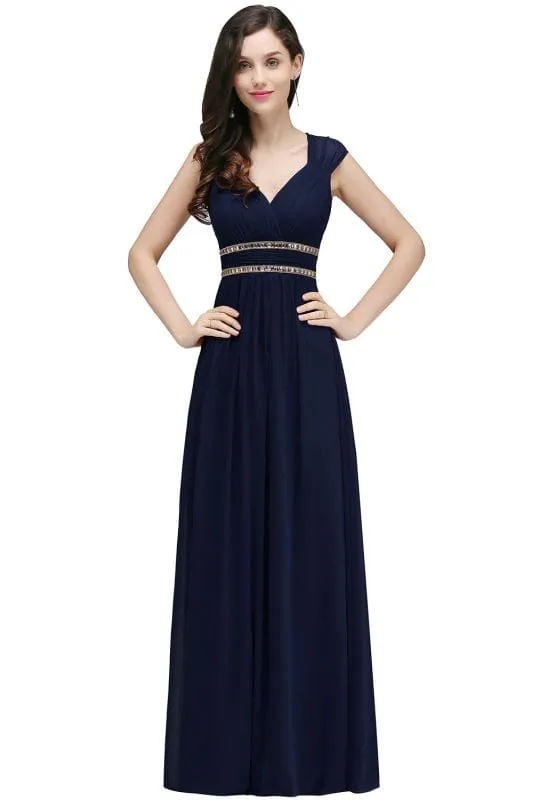 Charming V-Neck Aline Evening Dress with Chains Sleeveless Empire Chiffon Bridesmaid Dress