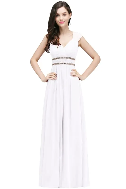 Charming V-Neck Aline Evening Dress with Chains Sleeveless Empire Chiffon Bridesmaid Dress