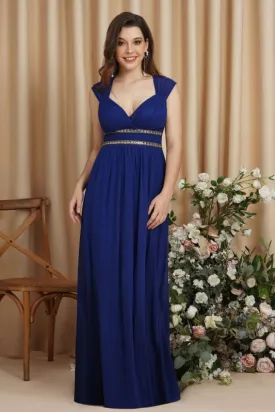 Charming V-Neck Aline Evening Dress with Chains Sleeveless Empire Chiffon Bridesmaid Dress