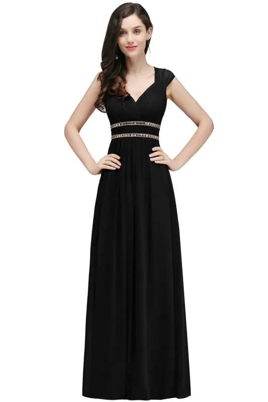 Charming V-Neck Aline Evening Dress with Chains Sleeveless Empire Chiffon Bridesmaid Dress