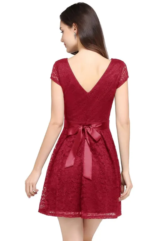 Chic Crew Neck Lace Mini Party Dress with Sash Short Formal Dress