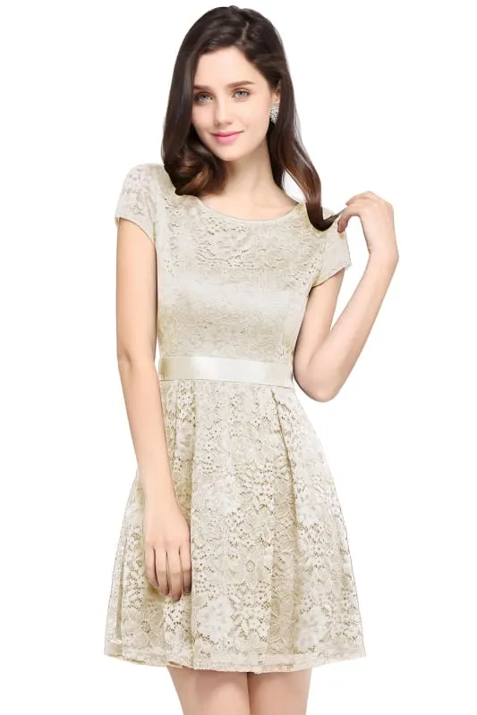 Chic Crew Neck Lace Mini Party Dress with Sash Short Formal Dress