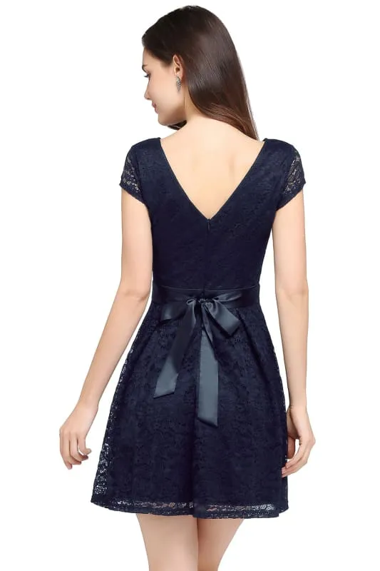 Chic Crew Neck Lace Mini Party Dress with Sash Short Formal Dress