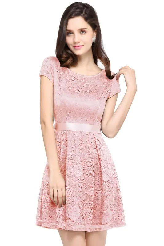 Chic Crew Neck Lace Mini Party Dress with Sash Short Formal Dress