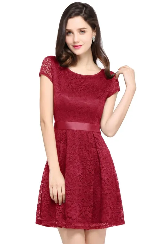 Chic Crew Neck Lace Mini Party Dress with Sash Short Formal Dress