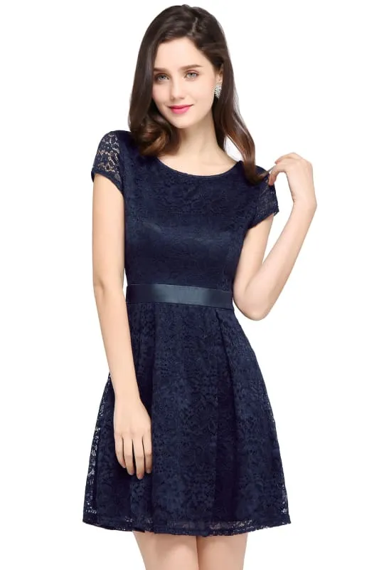 Chic Crew Neck Lace Mini Party Dress with Sash Short Formal Dress