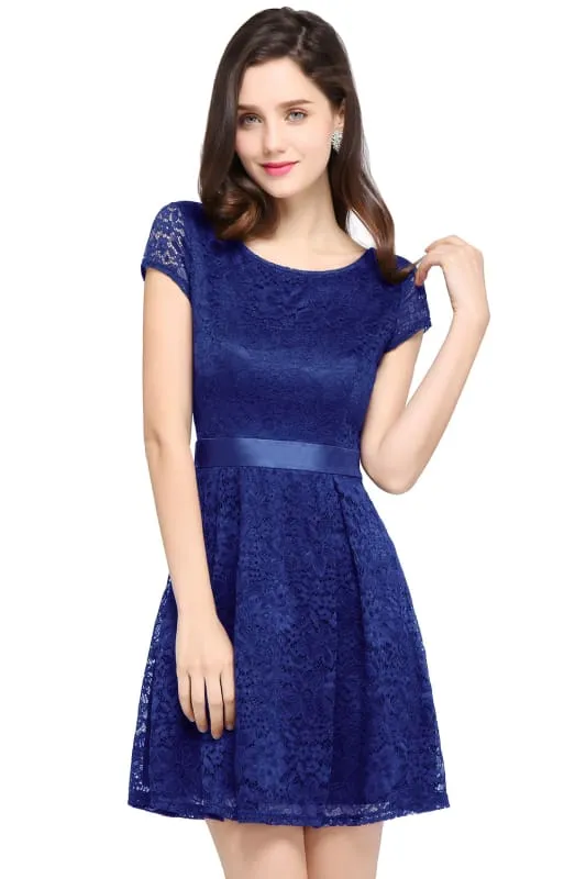 Chic Crew Neck Lace Mini Party Dress with Sash Short Formal Dress