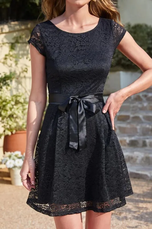 Chic Crew Neck Lace Mini Party Dress with Sash Short Formal Dress