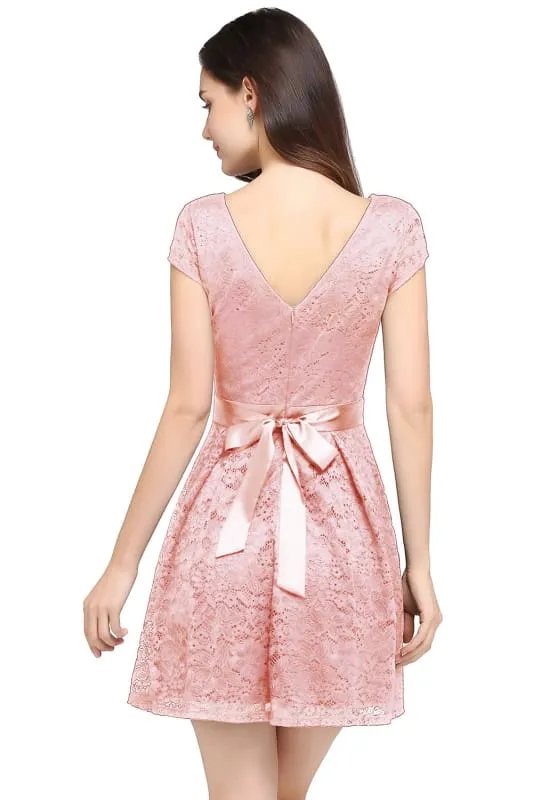 Chic Crew Neck Lace Mini Party Dress with Sash Short Formal Dress