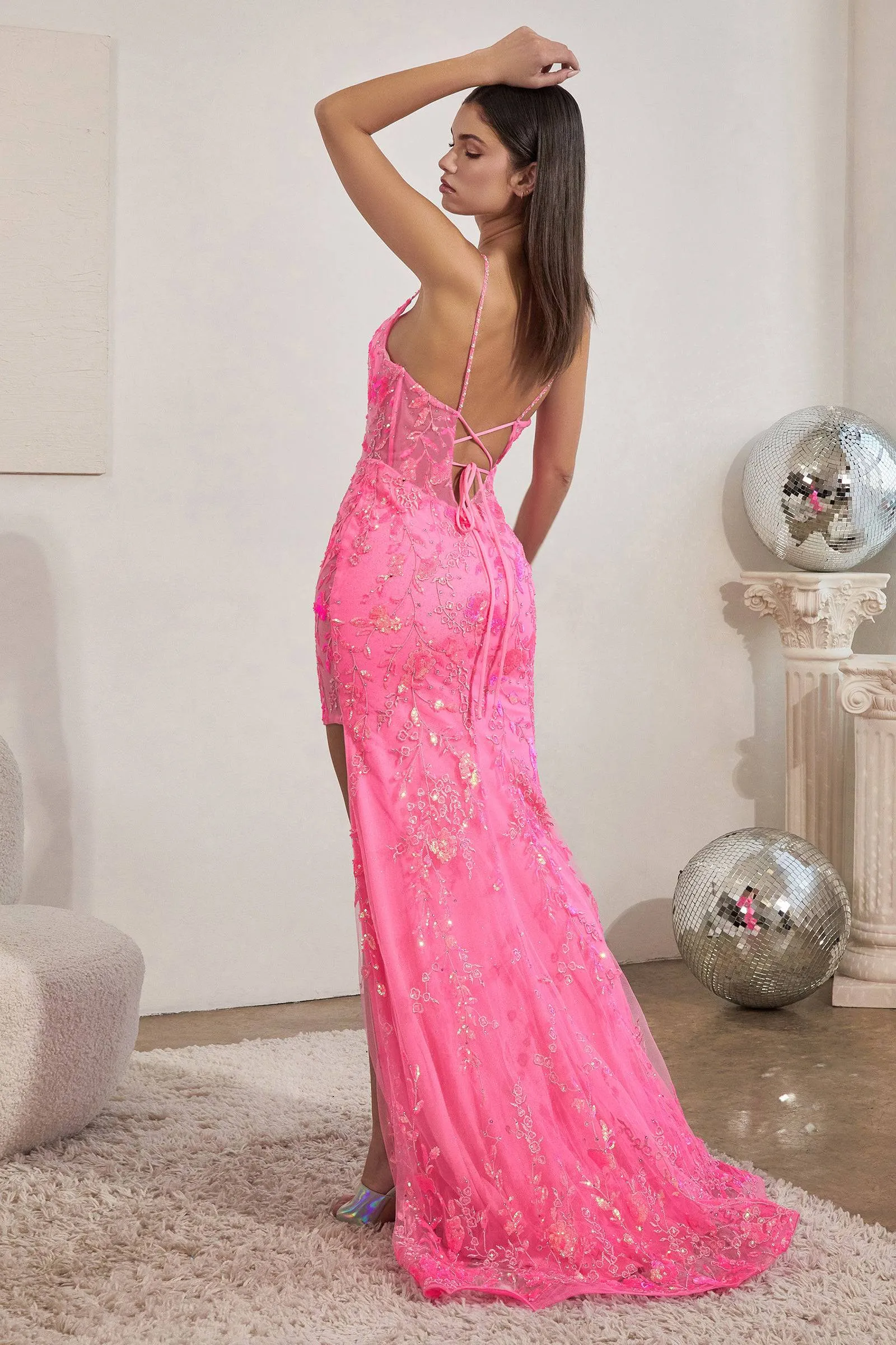 Cinderella Divine CM331 Neon Corset Dress with Lace Embroidery
