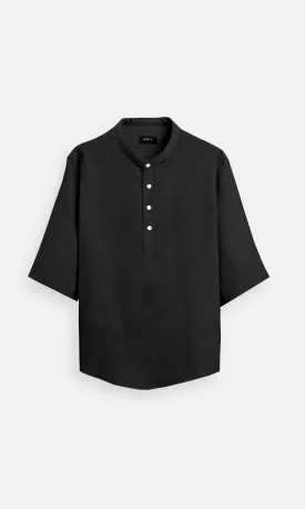 Classic Black Pure Linen Regular Wear Kurta Style Shirt - AddysForMen