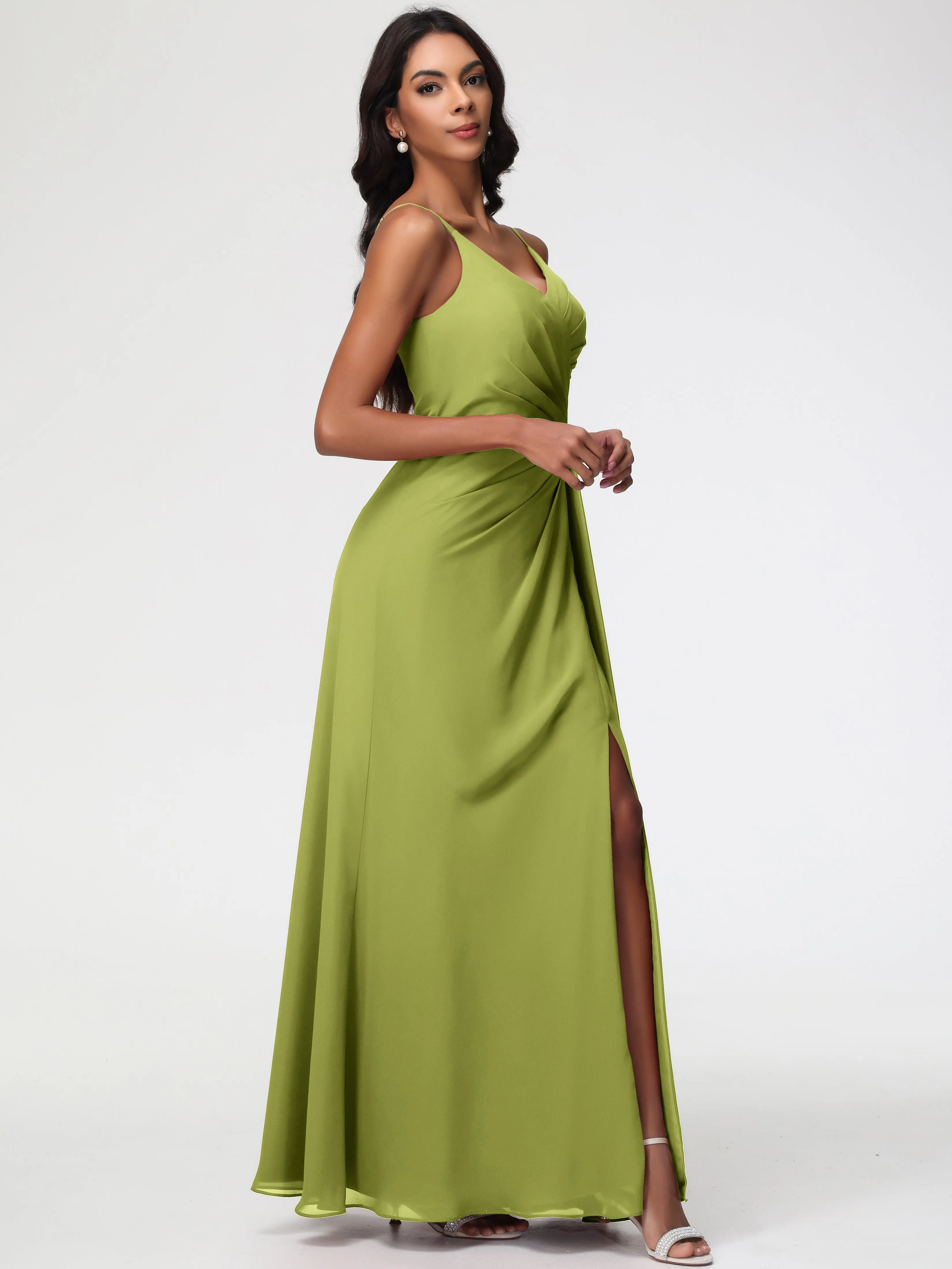 Clover Green Bridesmaid Dresses A-Line V-Neck Spaghetti Straps Ruched Chiffon Bridesmaid Dresses With Slit