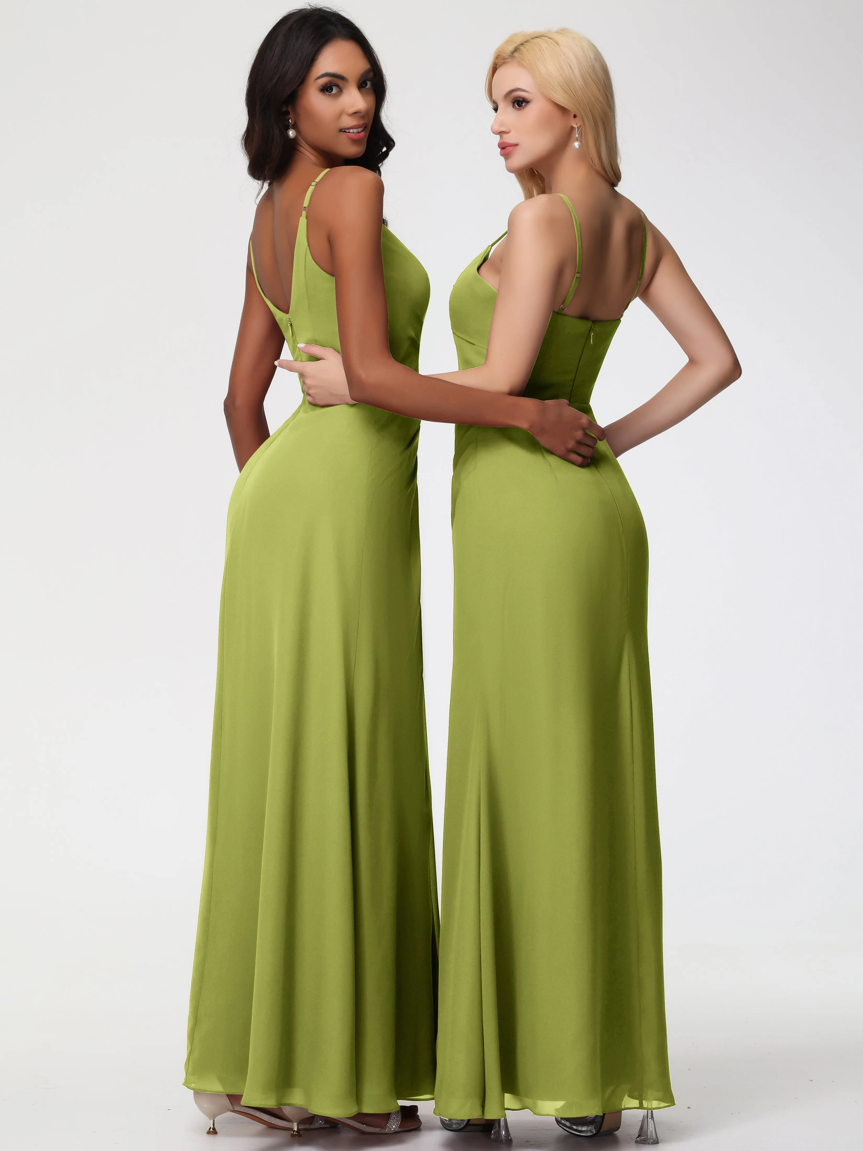 Clover Green Bridesmaid Dresses A-Line V-Neck Spaghetti Straps Ruched Chiffon Bridesmaid Dresses With Slit