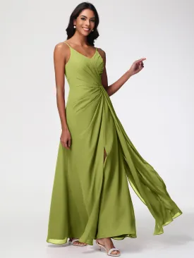 Clover Green Bridesmaid Dresses A-Line V-Neck Spaghetti Straps Ruched Chiffon Bridesmaid Dresses With Slit