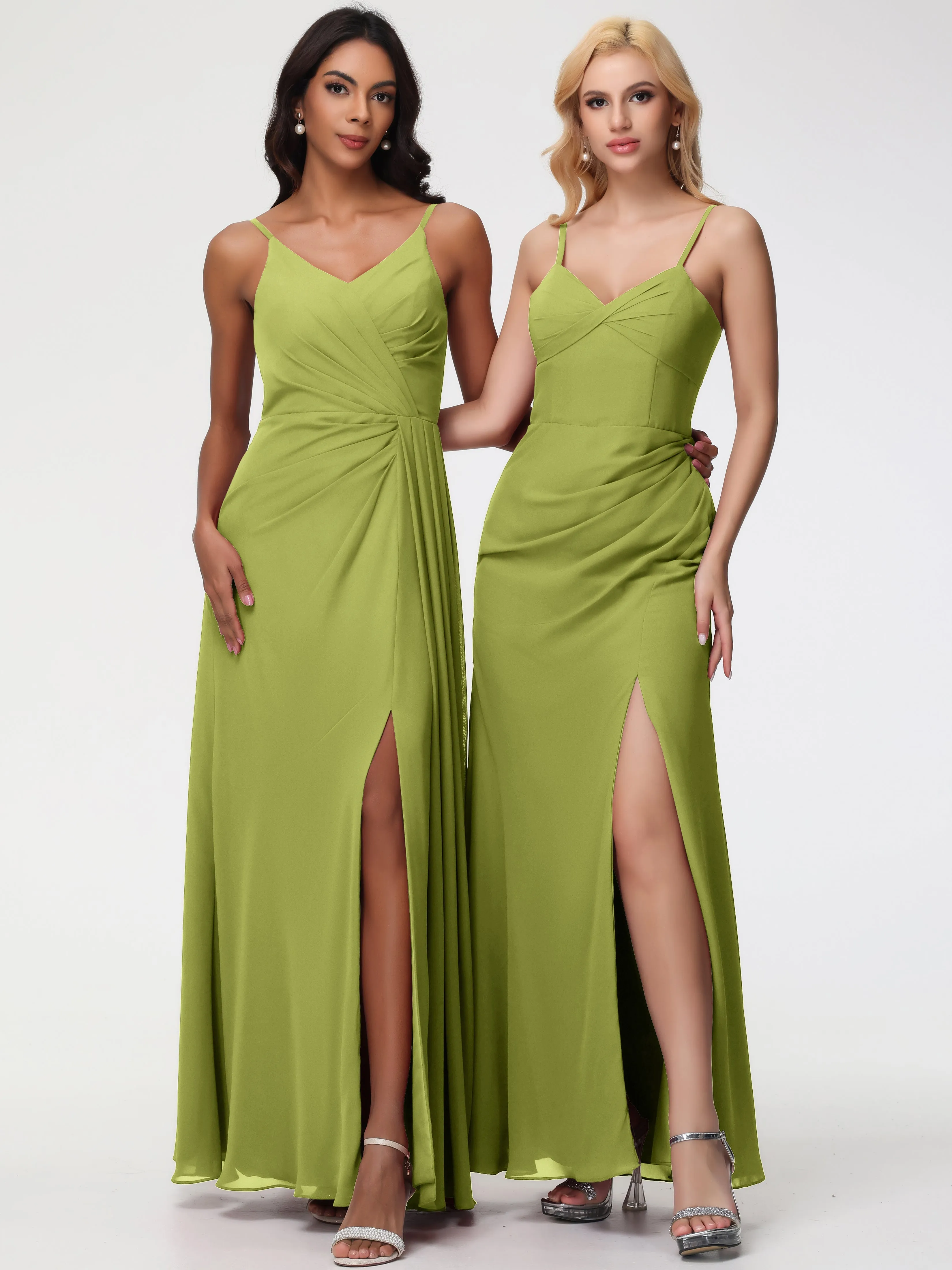 Clover Green Bridesmaid Dresses A-Line V-Neck Spaghetti Straps Ruched Chiffon Bridesmaid Dresses With Slit