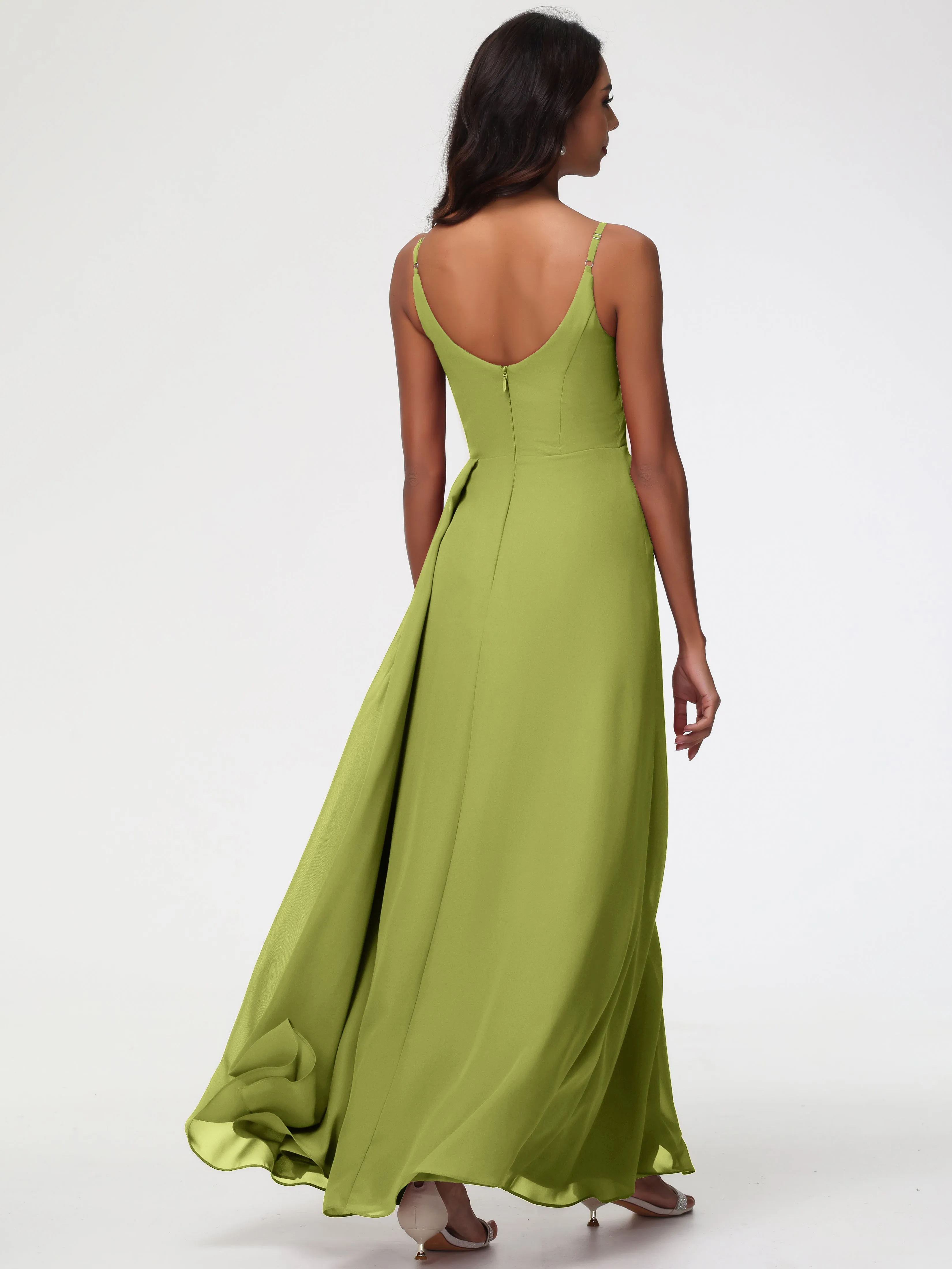 Clover Green Bridesmaid Dresses A-Line V-Neck Spaghetti Straps Ruched Chiffon Bridesmaid Dresses With Slit