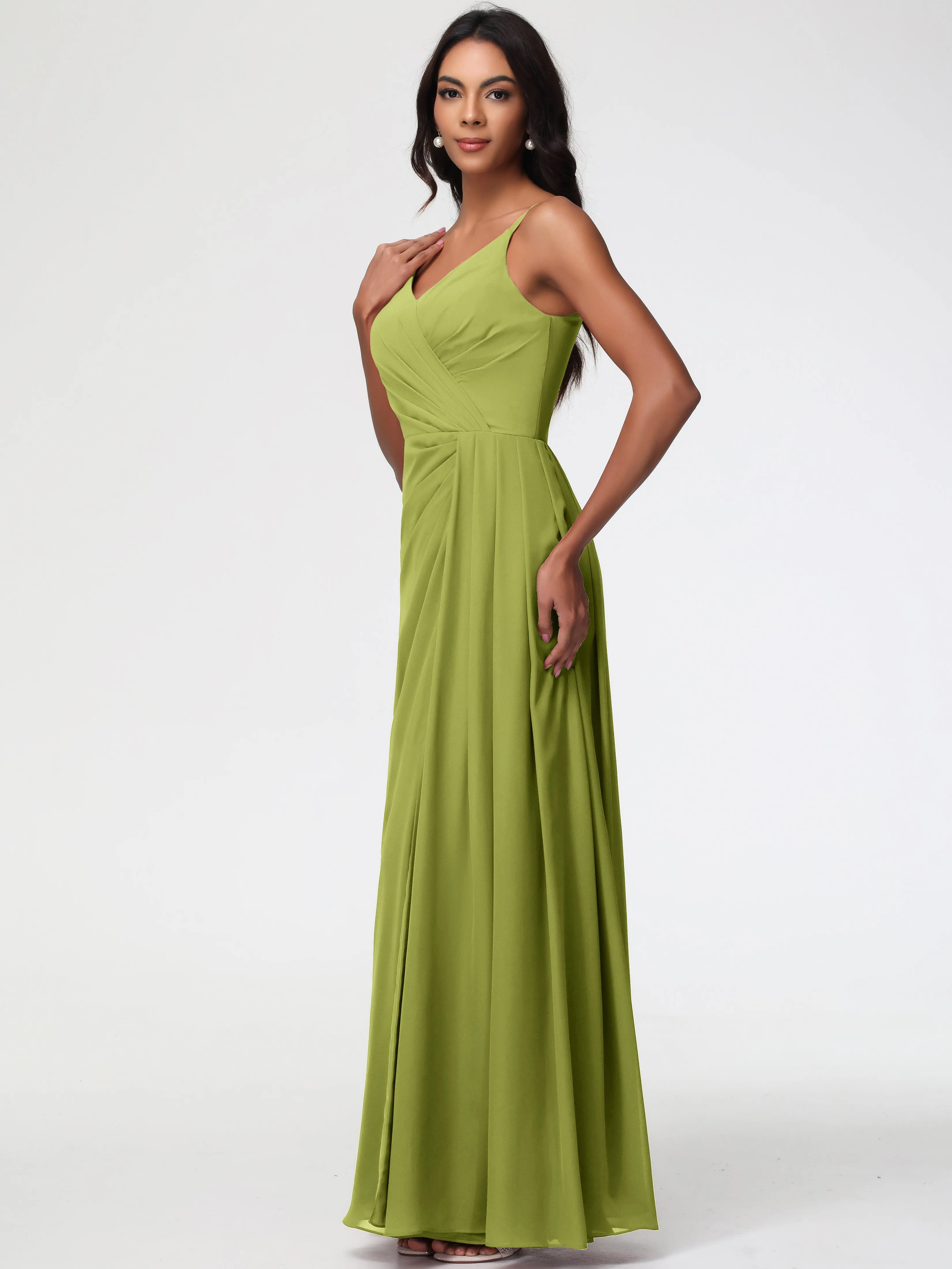 Clover Green Bridesmaid Dresses A-Line V-Neck Spaghetti Straps Ruched Chiffon Bridesmaid Dresses With Slit
