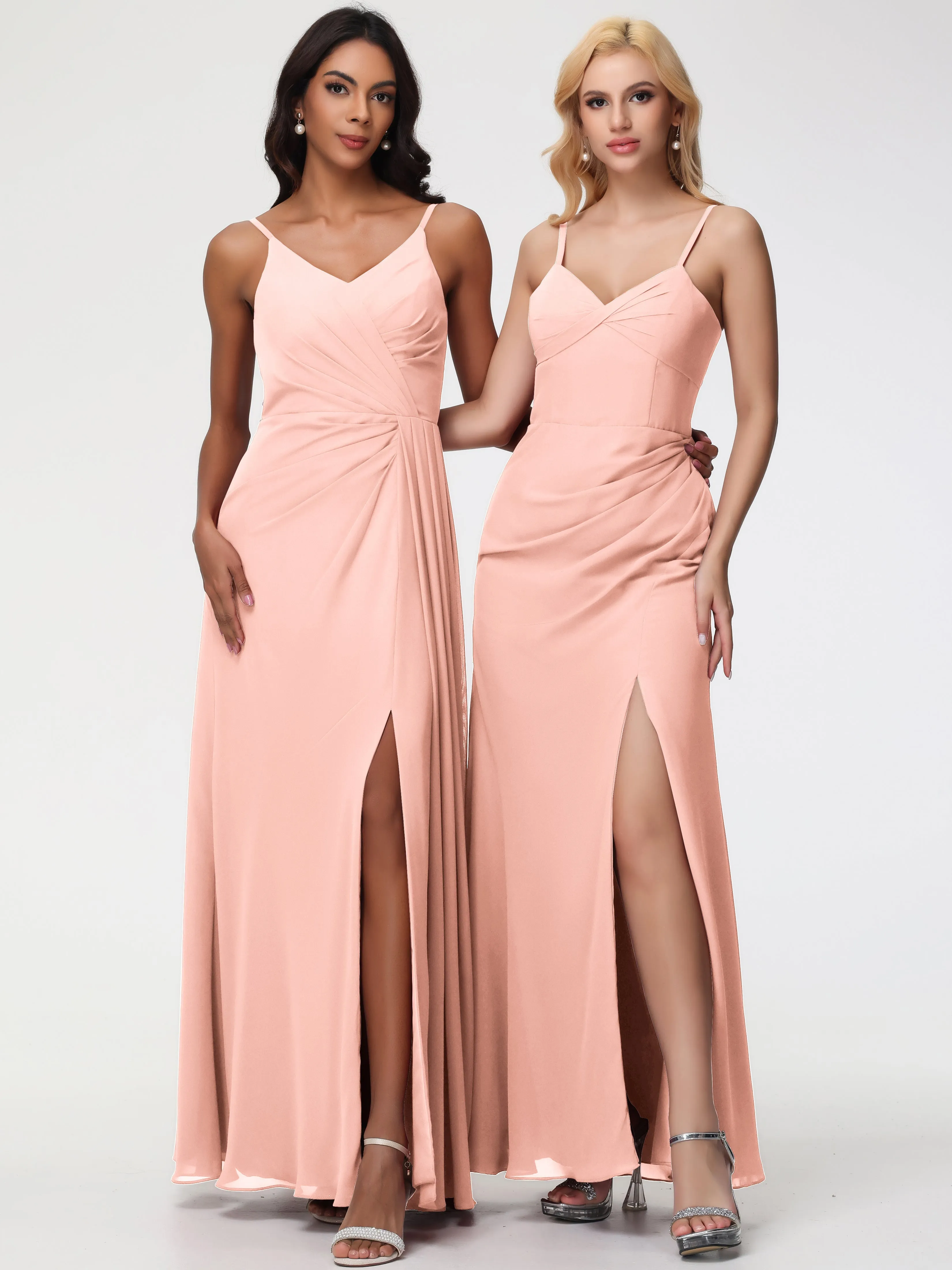Coral Bridesmaids A-Line V-Neck Spaghetti Straps Ruched Chiffon Bridesmaid Dresses With Slit