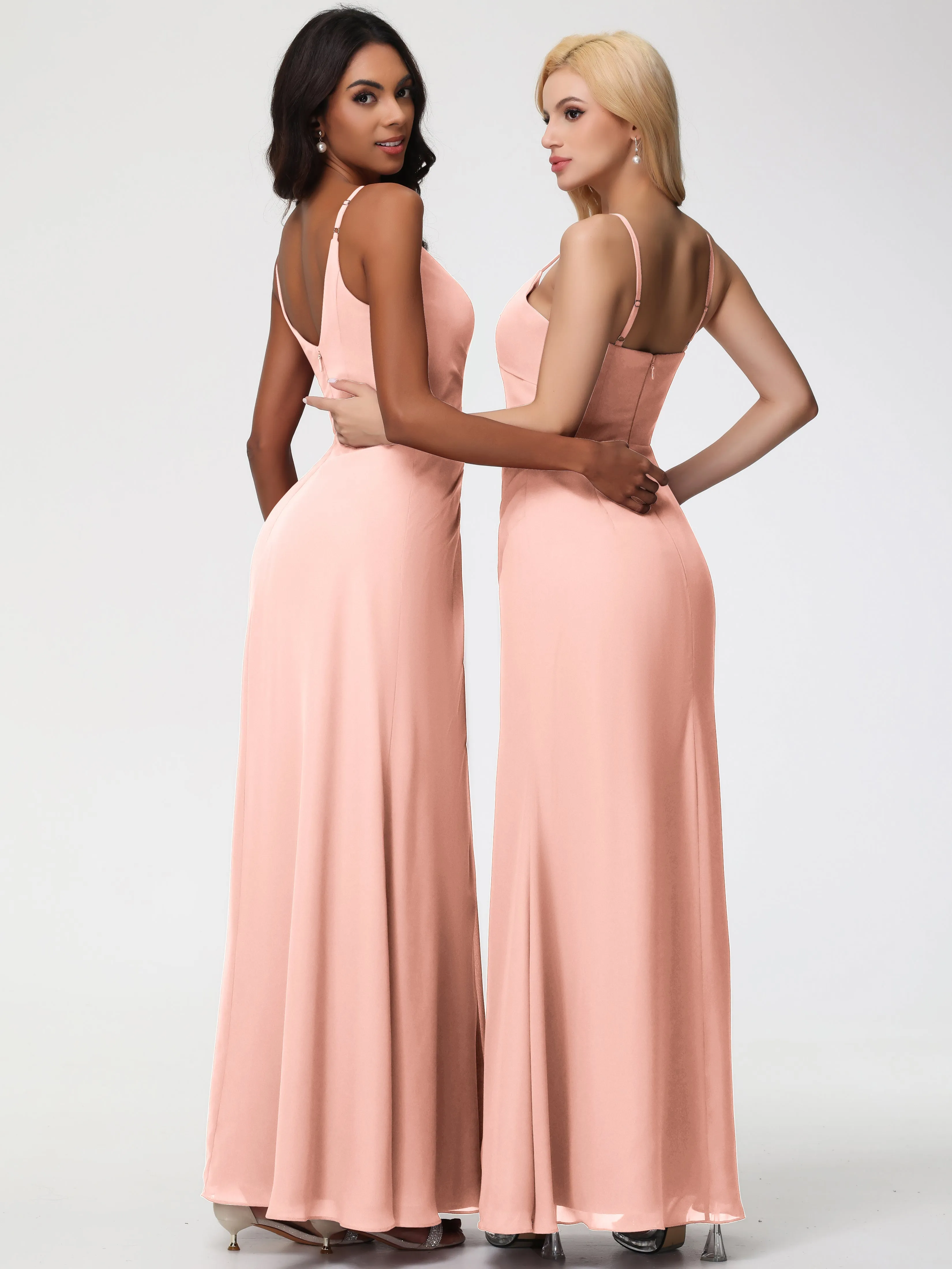 Coral Bridesmaids A-Line V-Neck Spaghetti Straps Ruched Chiffon Bridesmaid Dresses With Slit