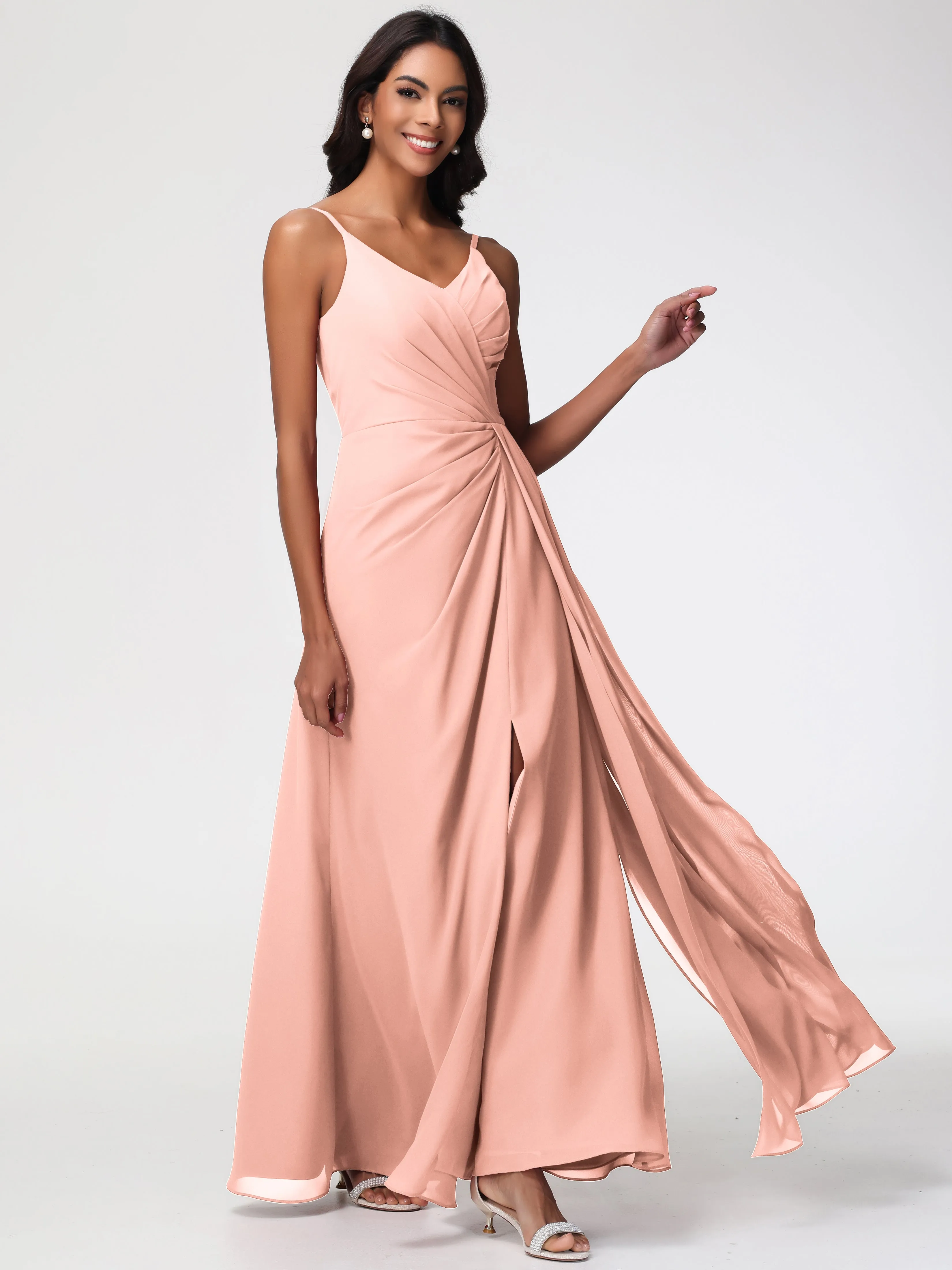 Coral Bridesmaids A-Line V-Neck Spaghetti Straps Ruched Chiffon Bridesmaid Dresses With Slit
