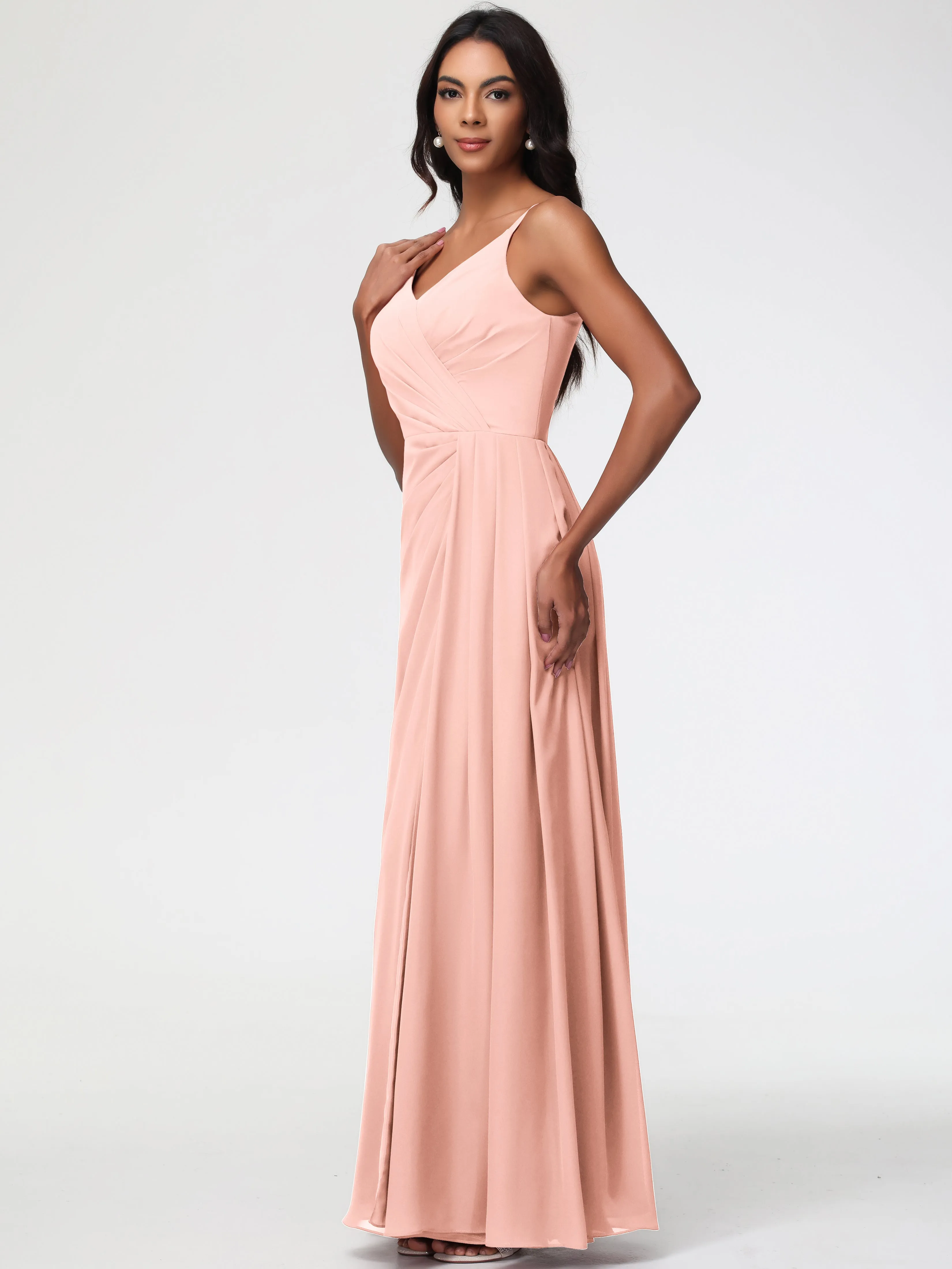 Coral Bridesmaids A-Line V-Neck Spaghetti Straps Ruched Chiffon Bridesmaid Dresses With Slit