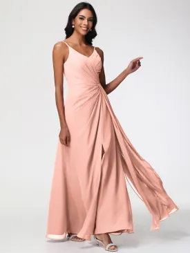 Coral Bridesmaids A-Line V-Neck Spaghetti Straps Ruched Chiffon Bridesmaid Dresses With Slit
