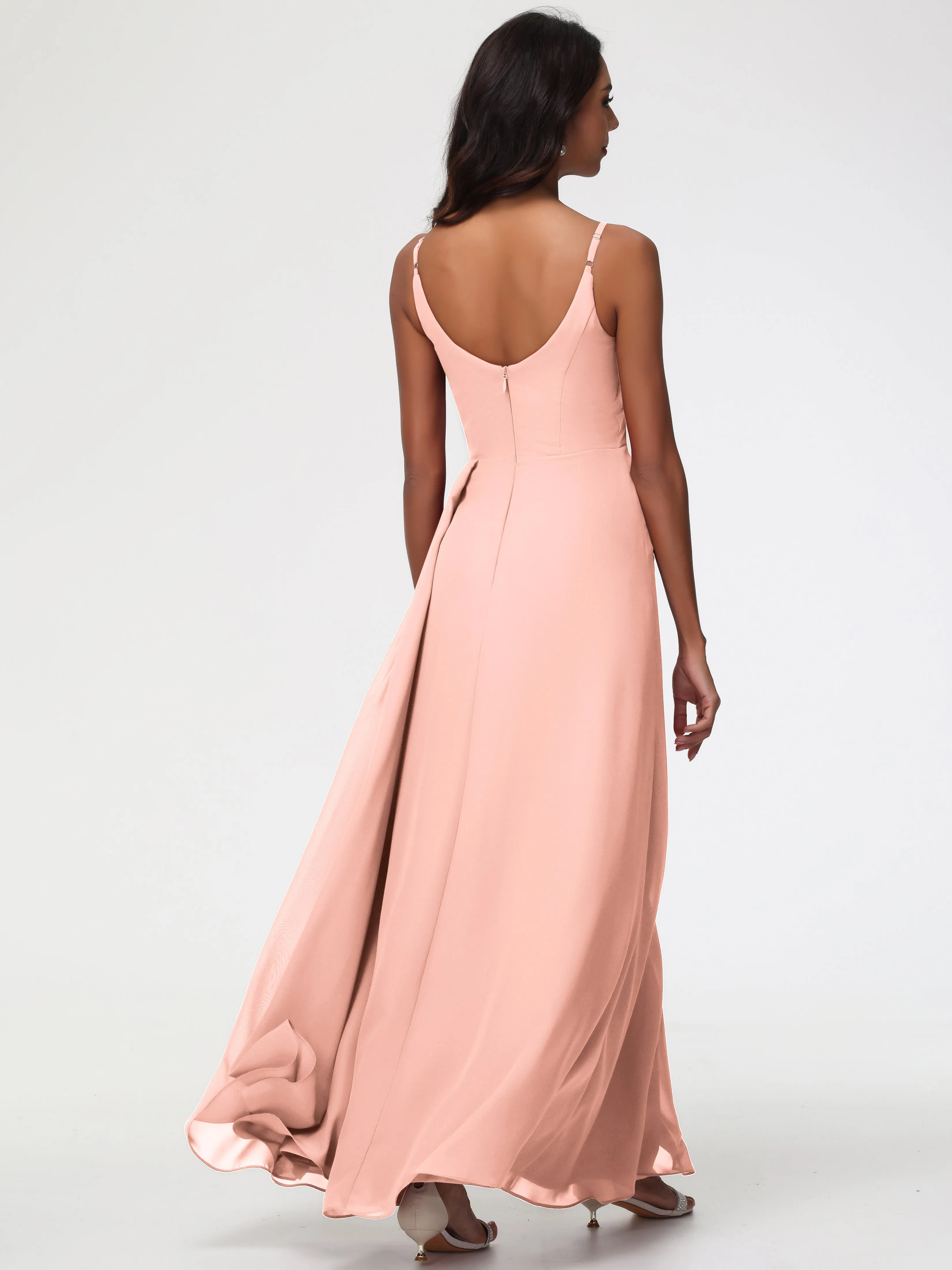 Coral Bridesmaids A-Line V-Neck Spaghetti Straps Ruched Chiffon Bridesmaid Dresses With Slit