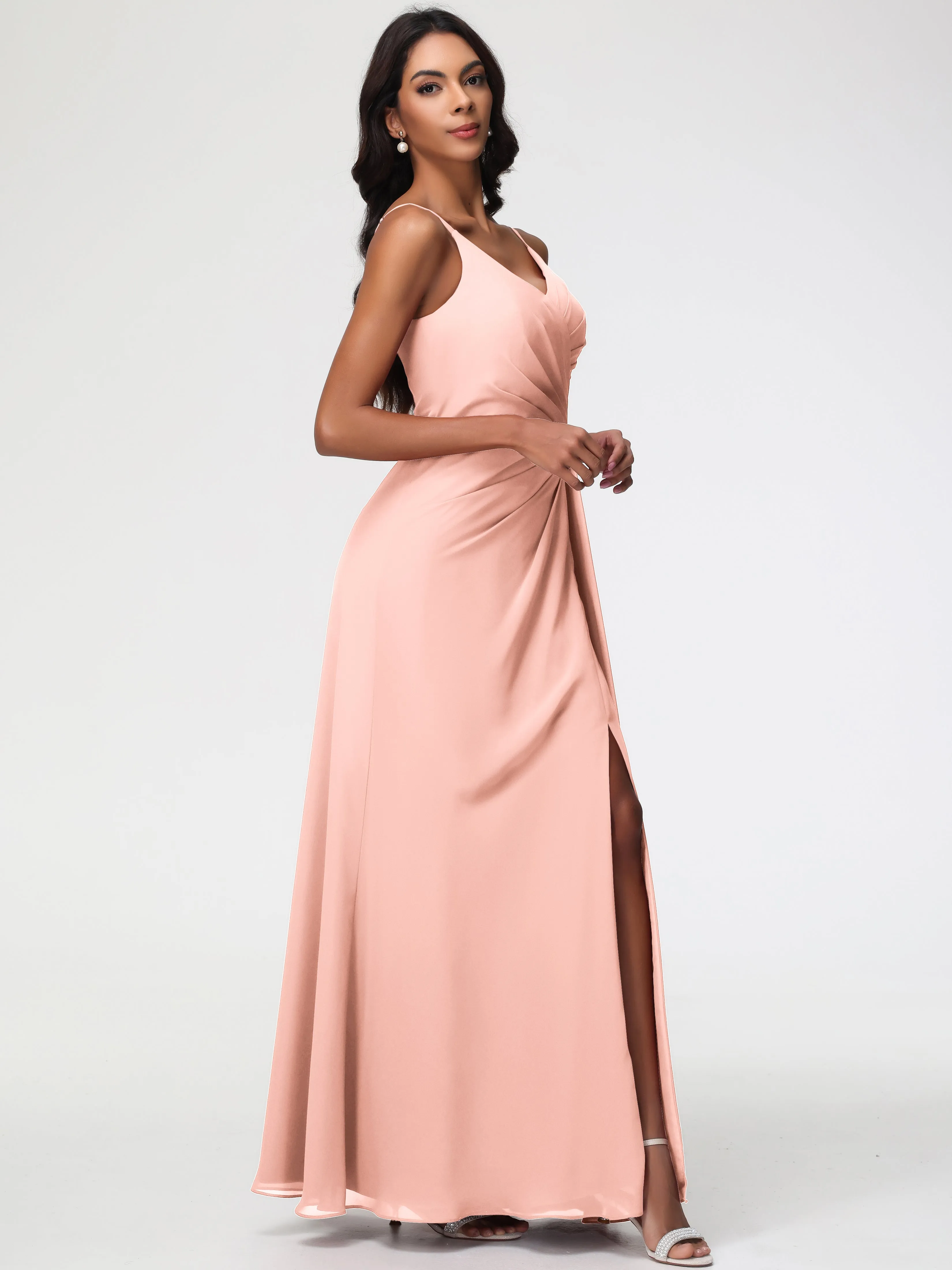 Coral Bridesmaids A-Line V-Neck Spaghetti Straps Ruched Chiffon Bridesmaid Dresses With Slit