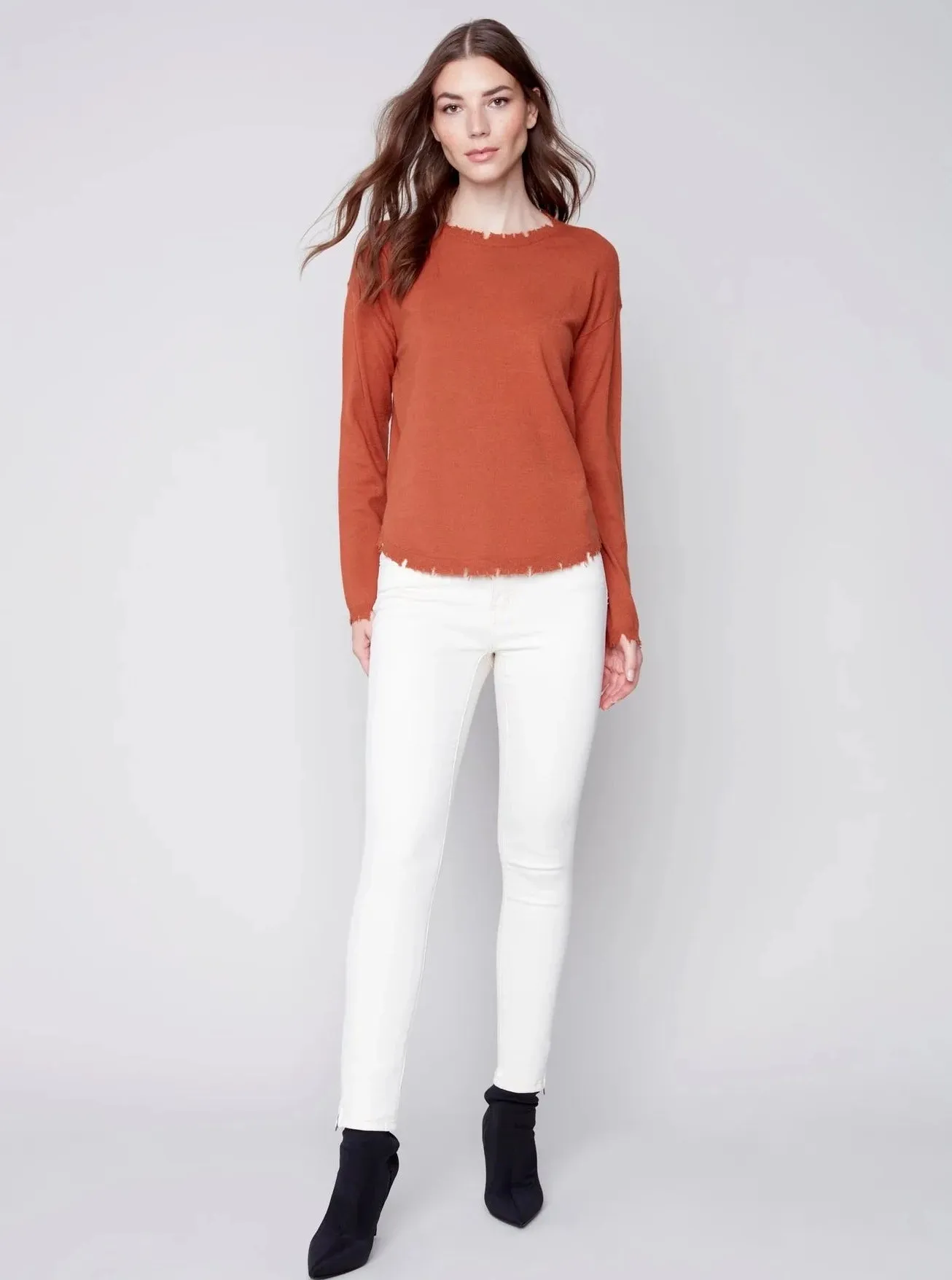 Crewneck Frayed Edge Sweater [Cinnamon-C2535]