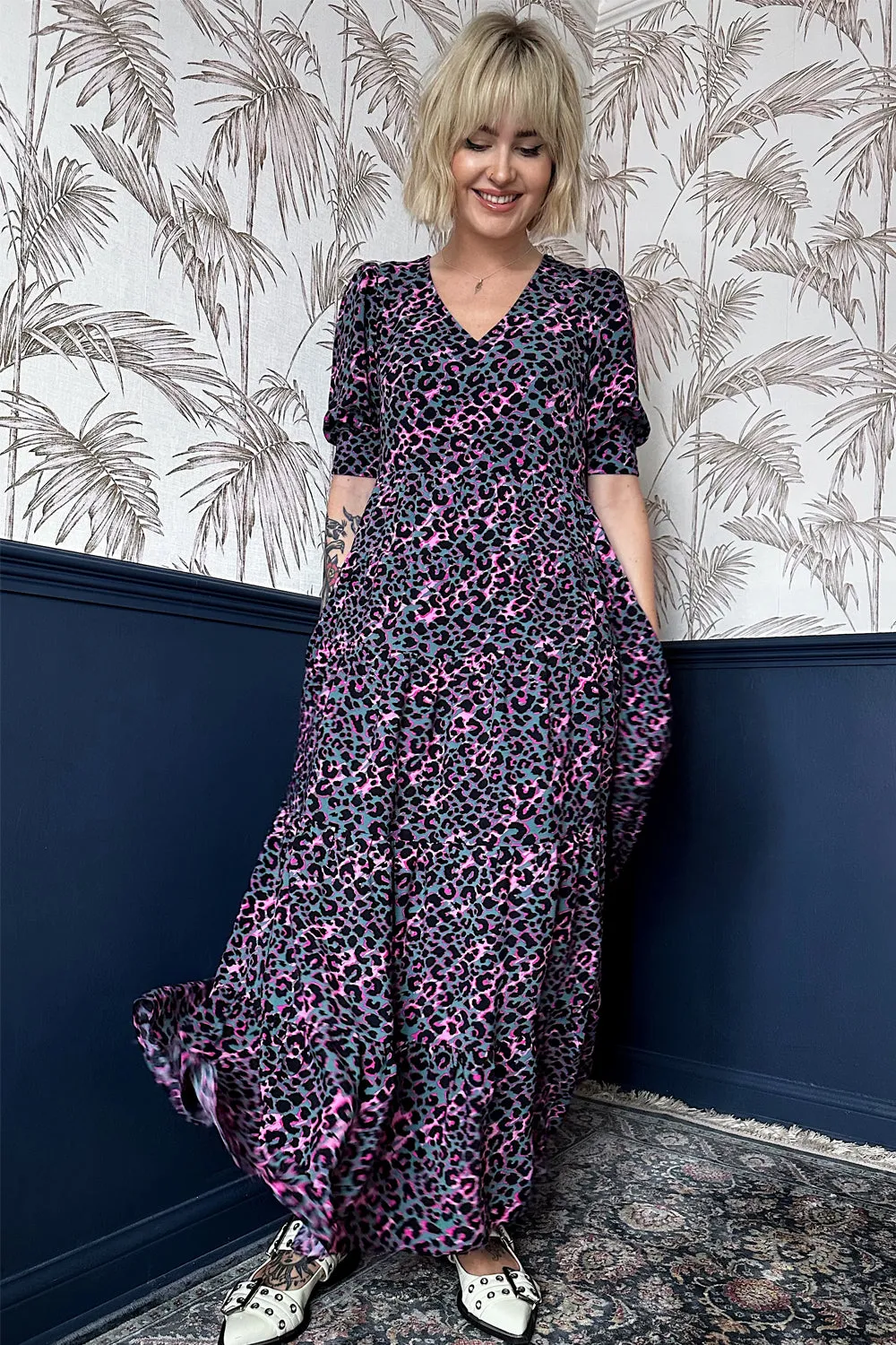 Khaki with Pink and Black Small Shadow Leopard Maxi Dress